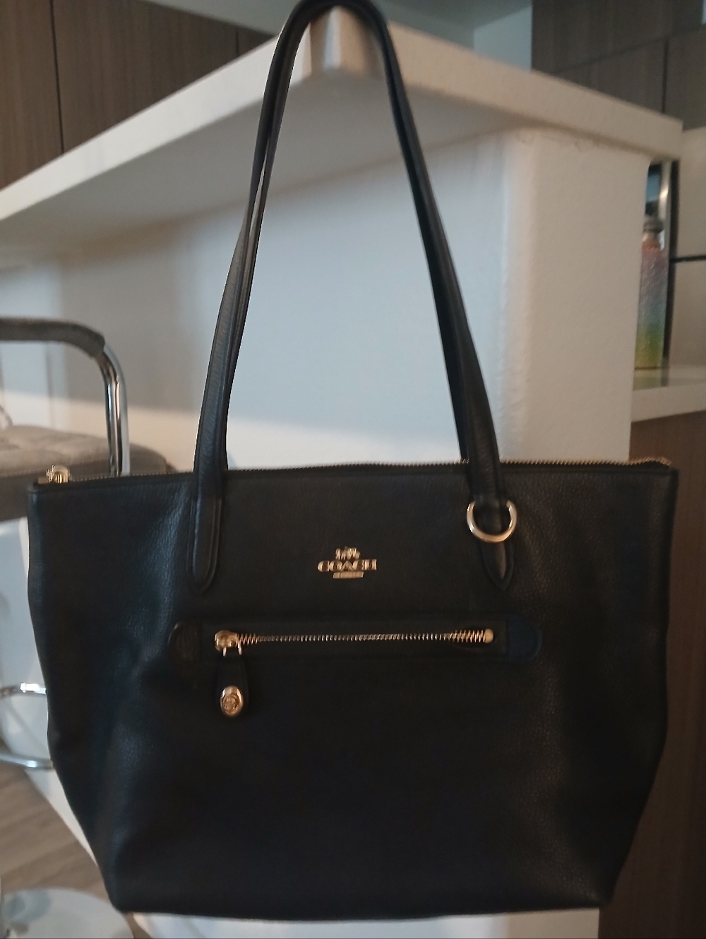 Coach Black Leather Tote with Gold Hardware
